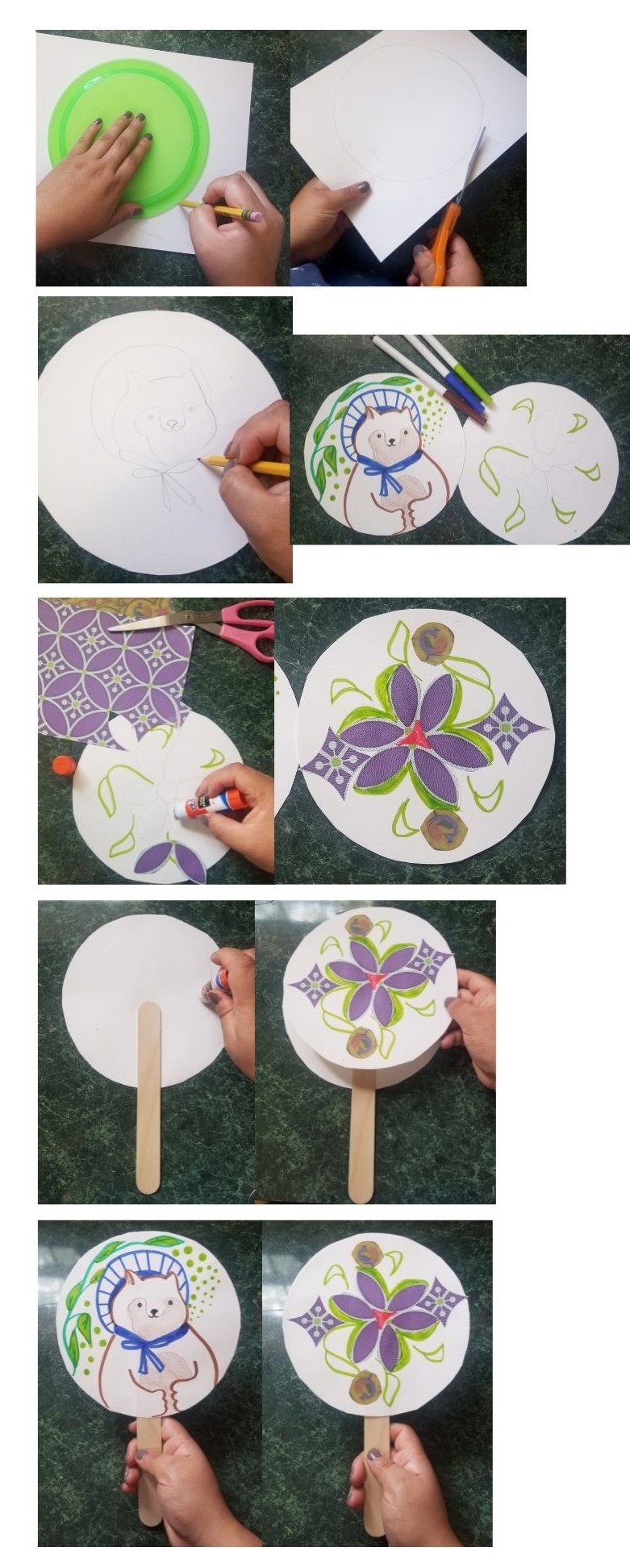 A grouping of images showing the steps of how to create a Japanese style fan using two card stock sheets and a popsicle stick.   