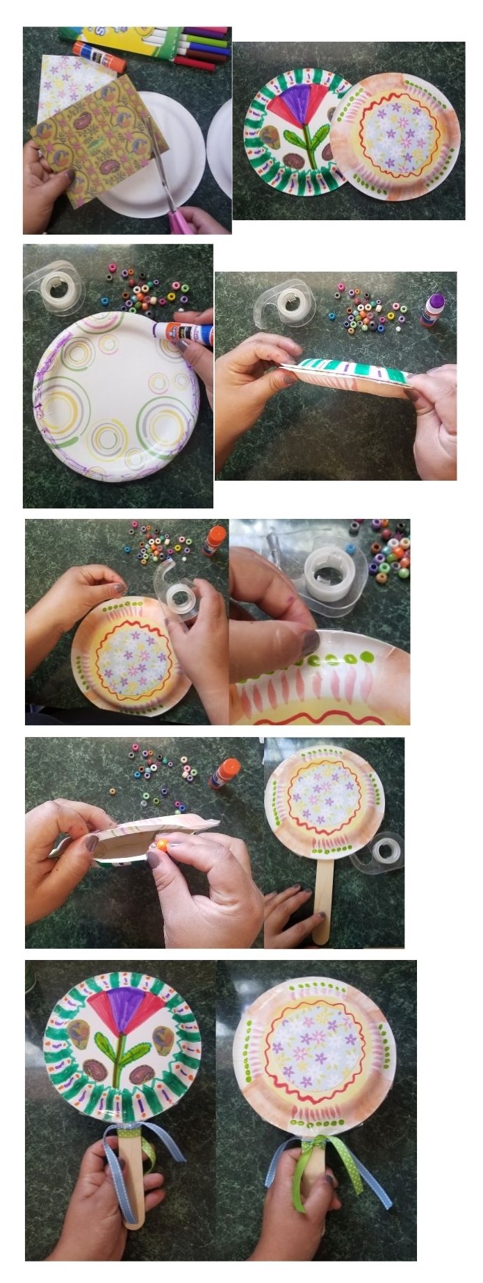 A grouping of images showing the steps of how to make a maraca using paper plates, beads and popsicle stick.