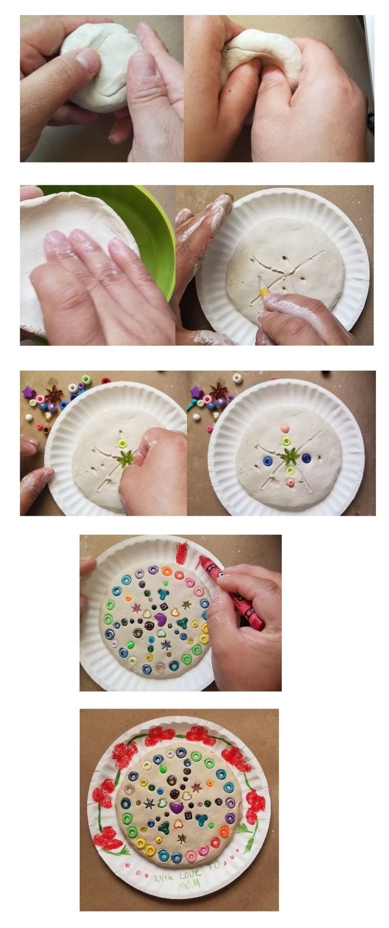 A grouping of images that showing the steps of how to make a Sailor’s Valentine using airdry clay, colorful plastic beads and small seashell.