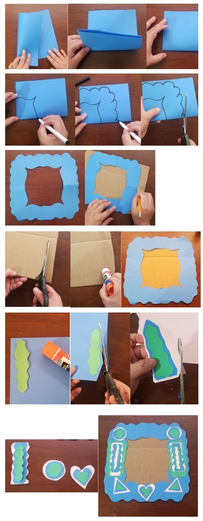 A grouping of images that showing the steps of how to make a frame in the tramp art style using construction paper and cardboard. 
